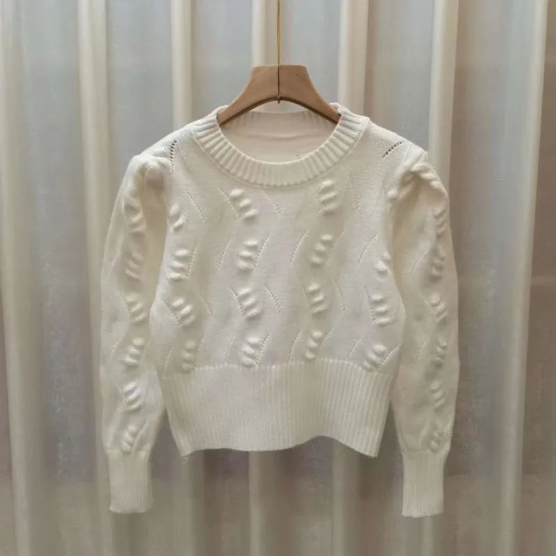 2026 New Autumn Winter Women O-neck Long Sleeve Knitted Sweaters Hollow Out Knitwear Crochet Solid Color Short Pullover Tops