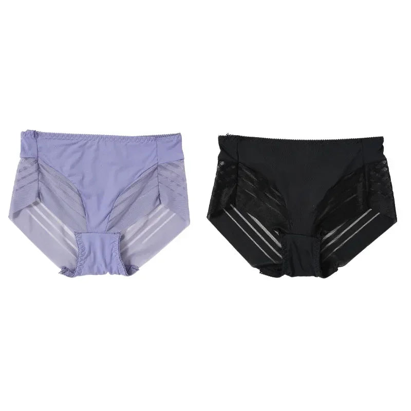2PCS High Waist Briefs Women Seamless Panties Transparent Mesh High Elastic Tummy Control Underwear Female Lingere Underpant Streetsharks