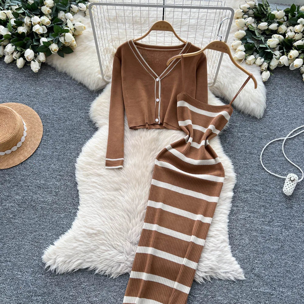 New Fashion Autumn Knitted Suits Long Sleeve V Neck Buttons Top+Stripe Strap Bodycon Dress Elegant OL Women Two Piece Sets