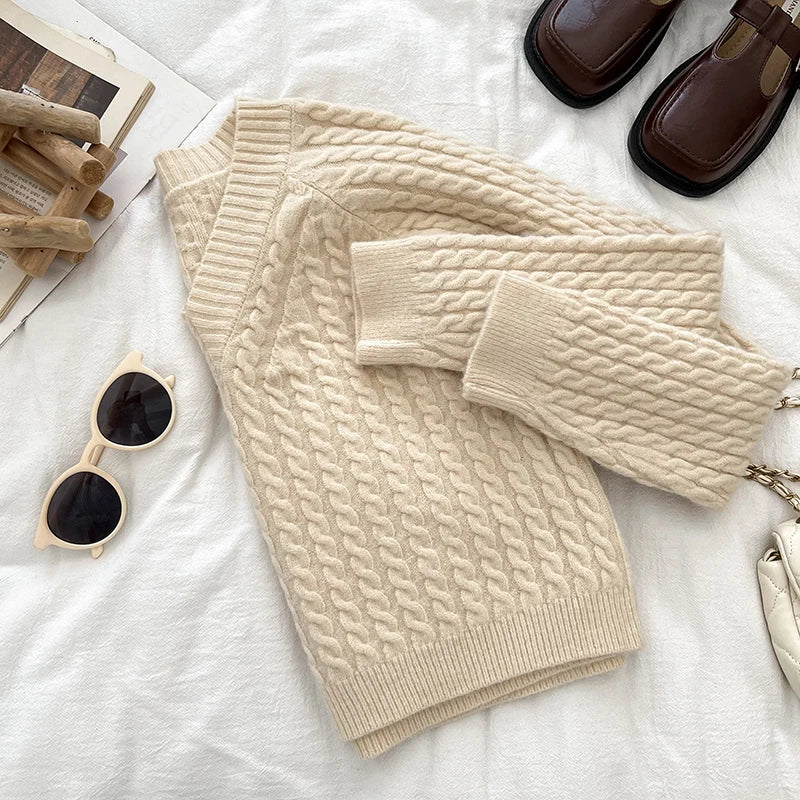 2026 New Autumn Winter Women V-neck Long Sleeve Knitted Sweaters Twist Striped Loose Solid Color Short Pullover Tops