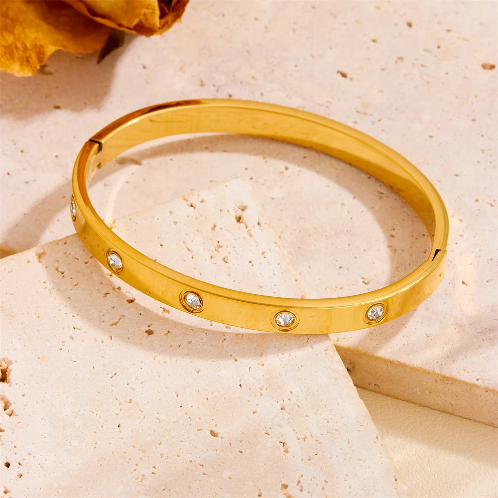 Luxury Stainless Steel Crystal Charm Bangle/Ring for Women Gold Color Non Tarnish Cuff Bracelet Jewelry Set Gift Party Streetsharks
