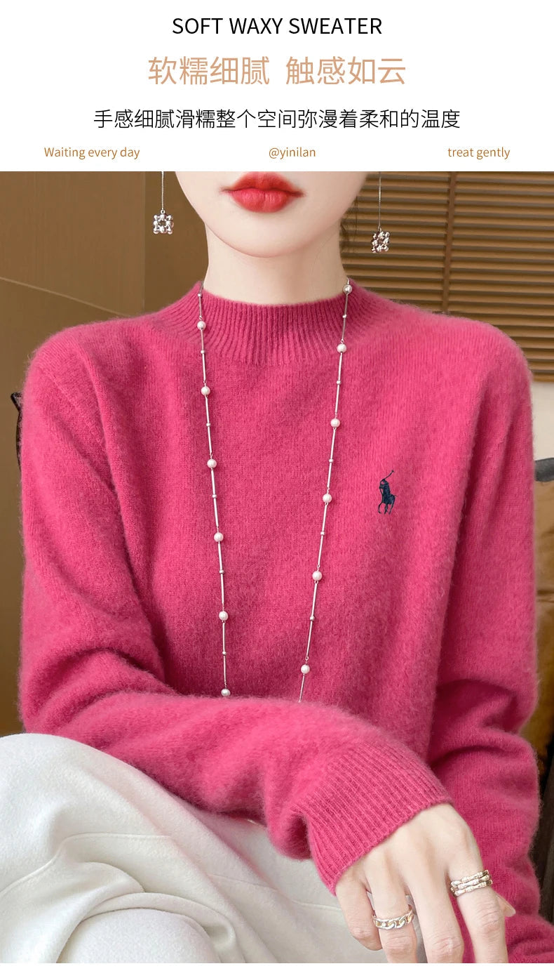 2024 Autumn/Winter Women's New Cashmere Hoodie Fashionable Embroidered Half High Neck Soft Cashmere Explosive100% Australianwool Streetsharks