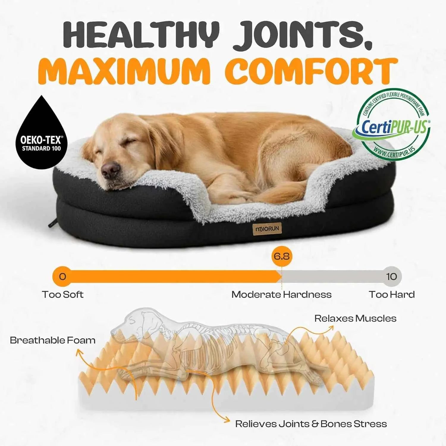 Plush Orthopedic Dog Bed, 35" Oval Donut with Bolster Support, Washable Cover, Gray