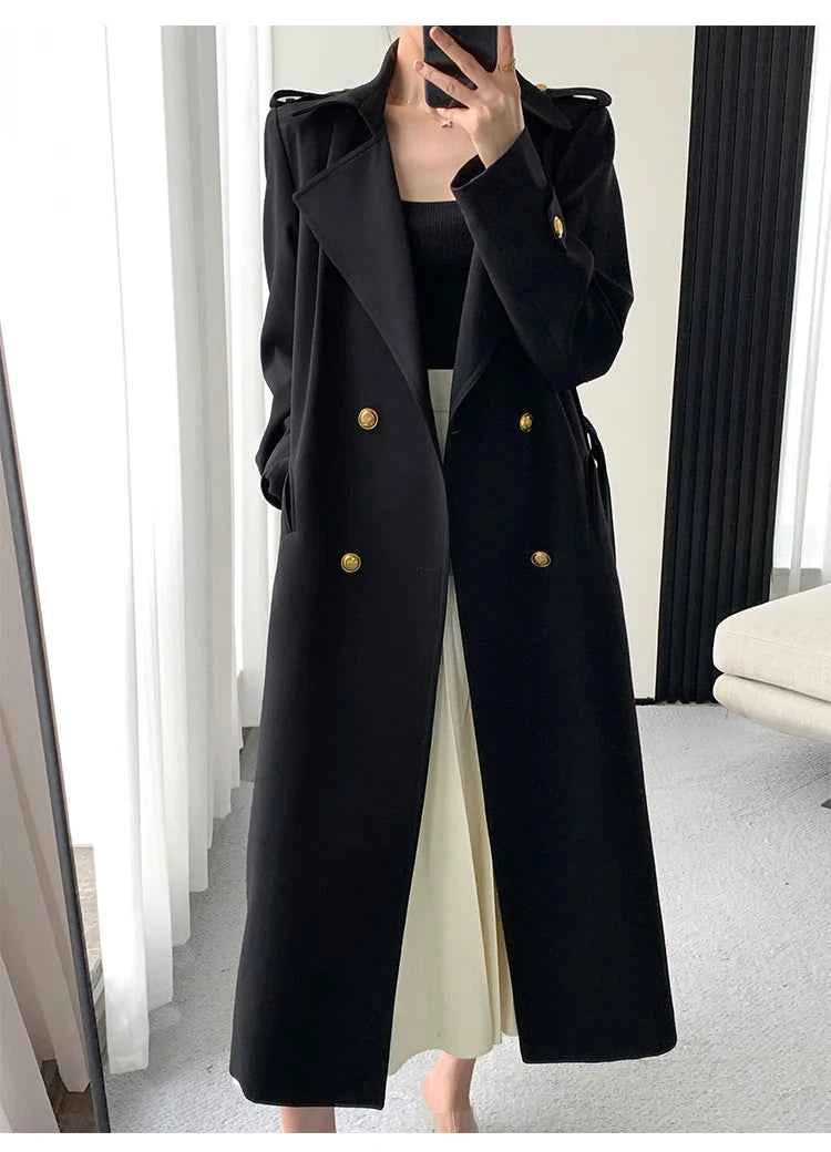 Lautaro Spring Autumn Long Black Trench Coat for Women Gold Buttons Double Breasted Elegant Chic Luxury Designer Clothes 2025