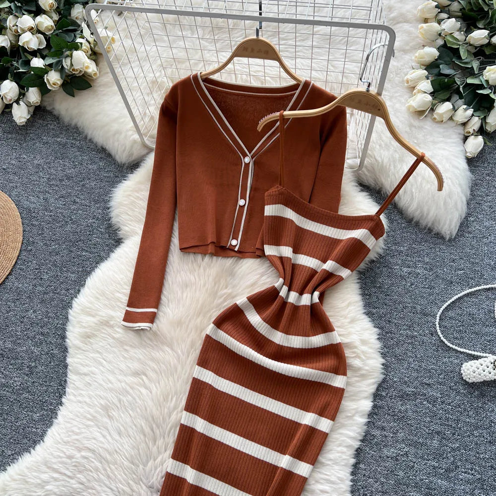 New Fashion Autumn Knitted Suits Long Sleeve V Neck Buttons Top+Stripe Strap Bodycon Dress Elegant OL Women Two Piece Sets