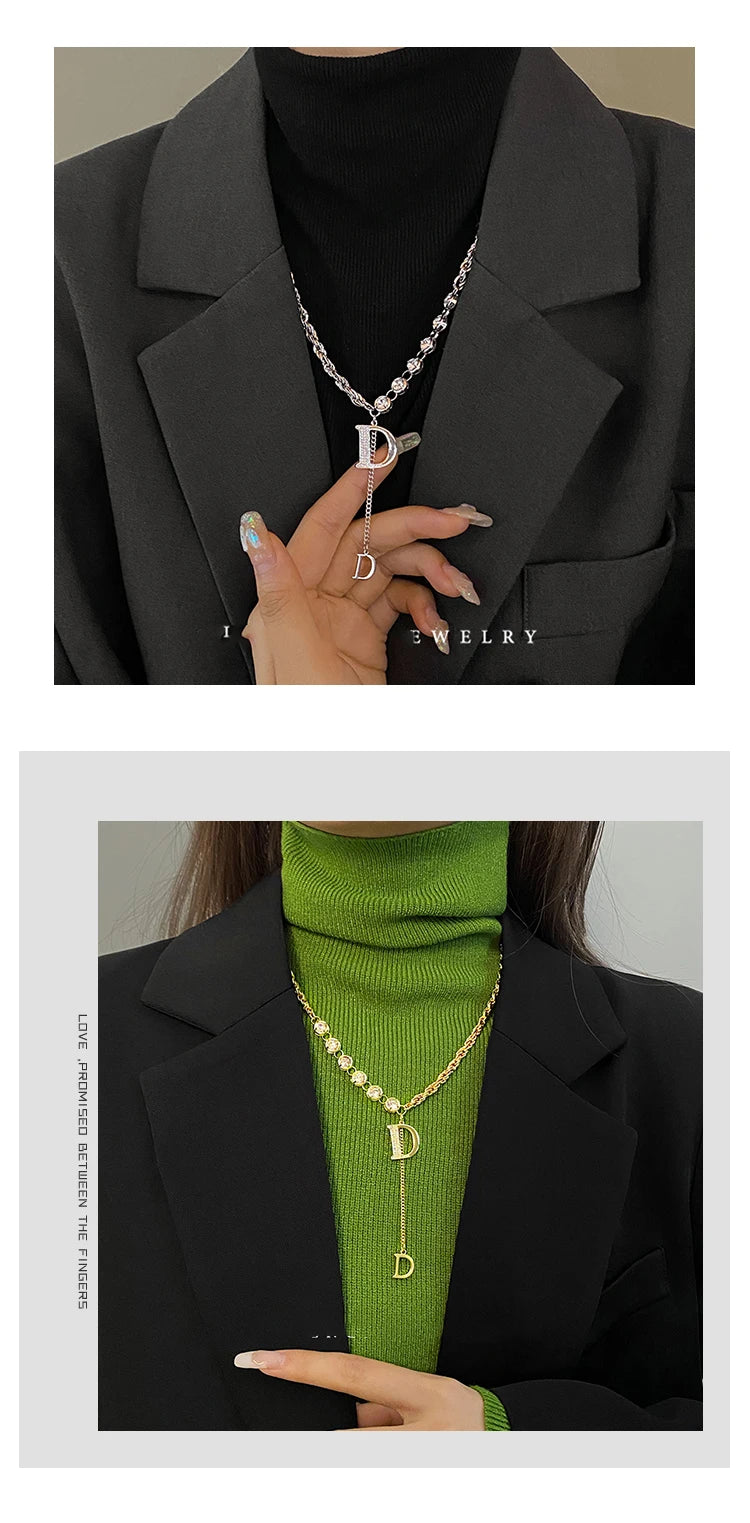 Design Sense Micro Setting Zircon D Letter Pendant Long Necklace Winter Sweater Chain Fashion Jewelry For Woman Girls Party Gift Streetsharks