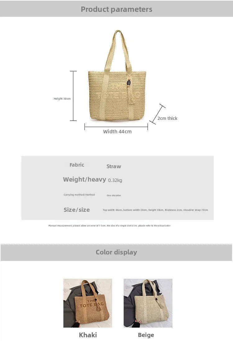 French Style Large Capacity Woven Straw Woven Bag for Women New Beach Vacation Shoulder Bag Casual Commuting Tote Bag Purse luxecrown.co.uk