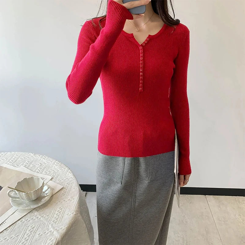 2026 Spring Autumn Basic Sweaters Knitted Women Sweater Button O-neck Pullovers Female Pullover Slim Solid Bold Stripes Tops