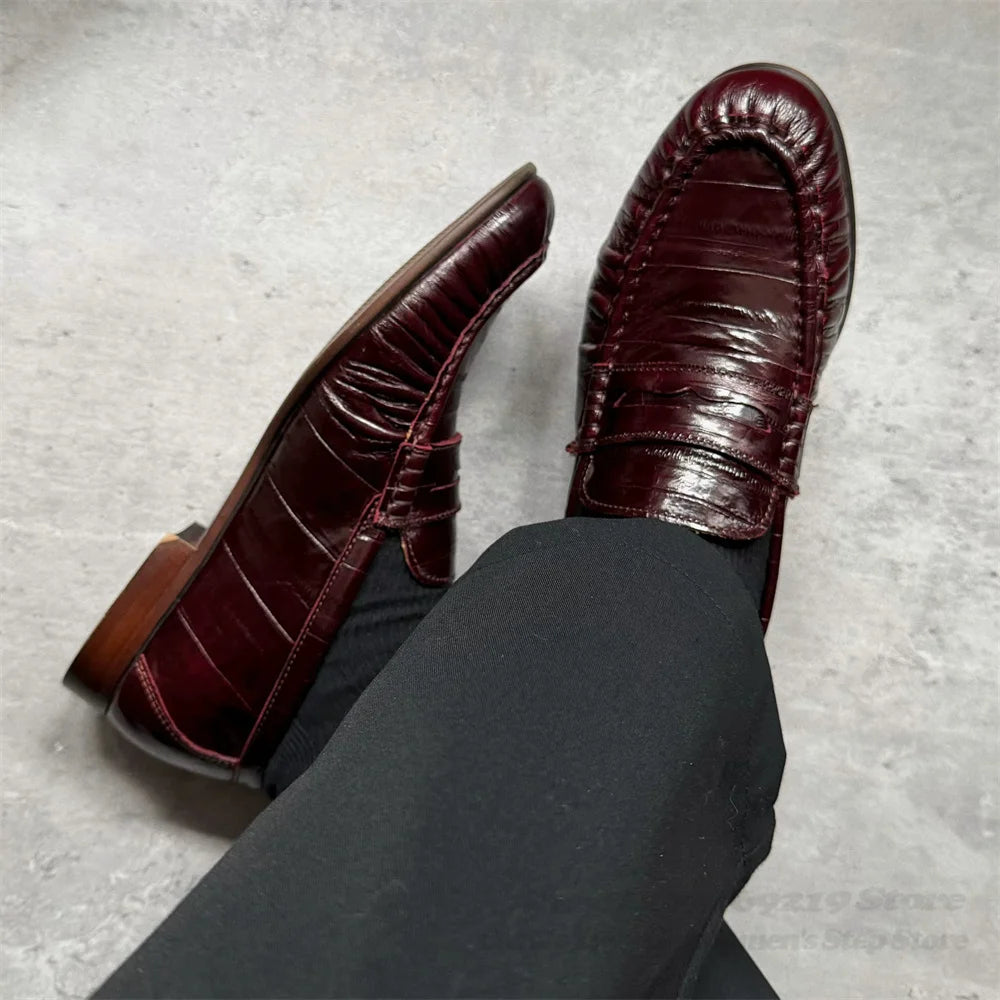 Retro Loafers for Men Lazy Eel Casual Leather Shoes Pleated Single Shoes Dark Browm Slip On Elegant Slip On Bean Shoes luxecrown.co.uk