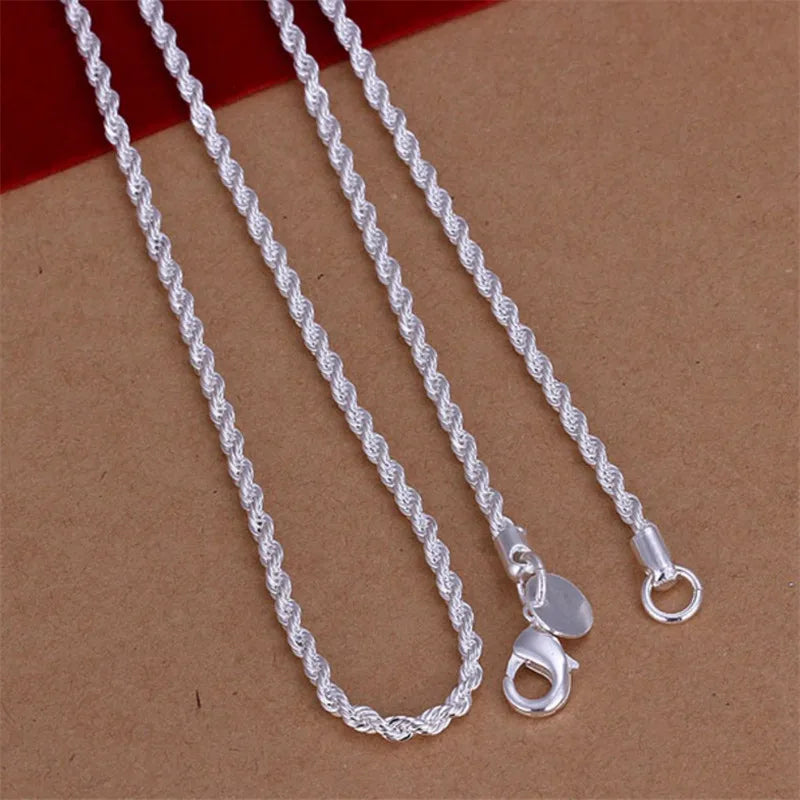 High Quality Silver Color 2MM Women Girls Men Chain Male Twisted Rope Necklace Bracelets Fashion Silver Jewelry Set Streetsharks