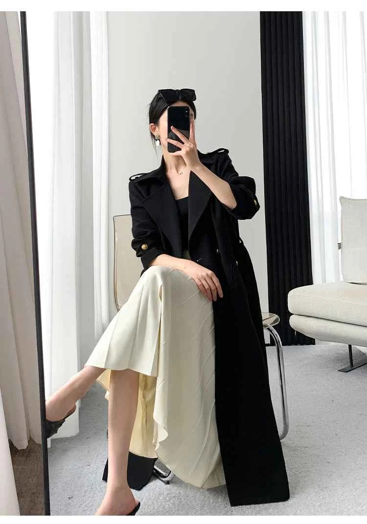 Lautaro Spring Autumn Long Black Trench Coat for Women Gold Buttons Double Breasted Elegant Chic Luxury Designer Clothes 2025