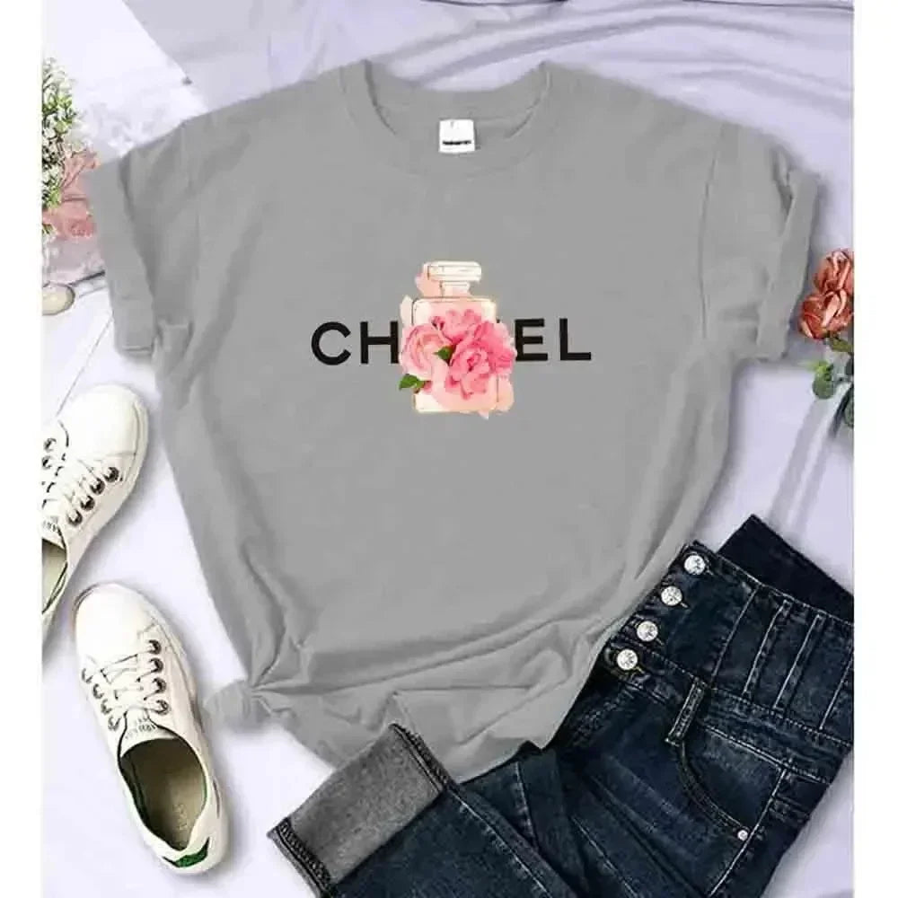 Luxury Fashion Brand Printed Women's Summer T-Shirt Alphabet Flower Perfume Shirt Pattern T-Shirt High Quality Short Sleeve Top Streetsharks