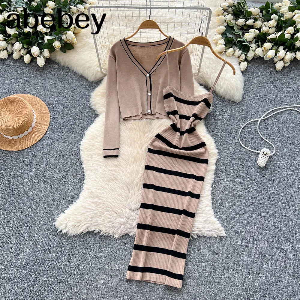 New Fashion Autumn Knitted Suits Long Sleeve V Neck Buttons Top+Stripe Strap Bodycon Dress Elegant OL Women Two Piece Sets
