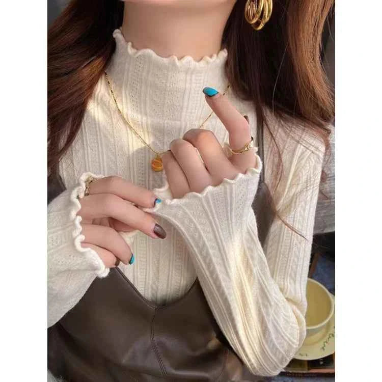 New Women's Autumn and Winter Solid Color Ruffled Semi-turtleneck Long-sleeved Knitted Sweater Casual Women's Knitted Pullovers