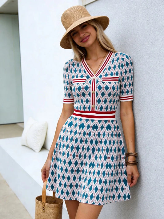 Women's V-Neck Short Sleeve Knit Dress Geometric Argyle Print Contrast Trim Flare Mini Dress Casual Summer Daily Party Dress