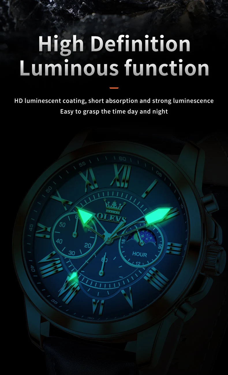 OLEVS 3632 Men Watch Elegant Luxury Sport Quartz Watch Scale Waterproof Luminous Automatic Date Moon Belt Watch Gifts Original luxecrown.co.uk