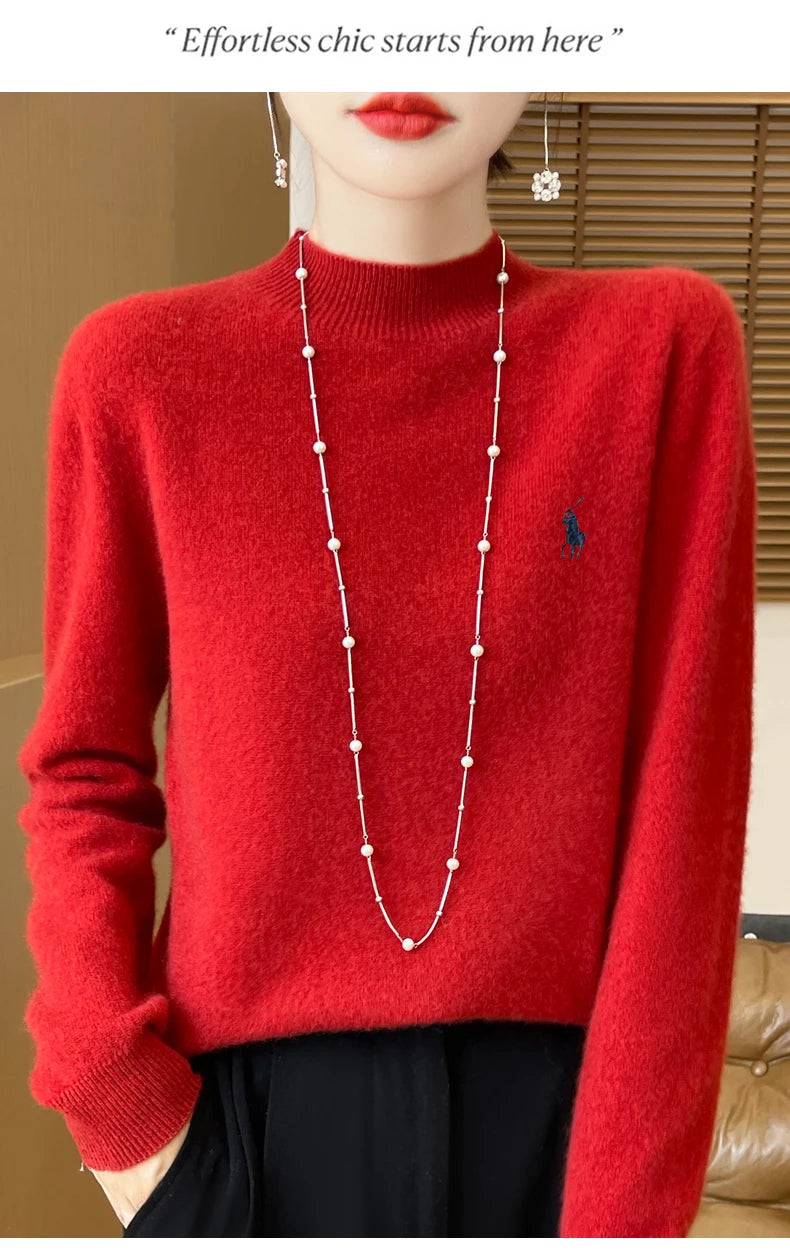 2024 Autumn/Winter Women's New Cashmere Hoodie Fashionable Embroidered Half High Neck Soft Cashmere Explosive100% Australianwool Streetsharks