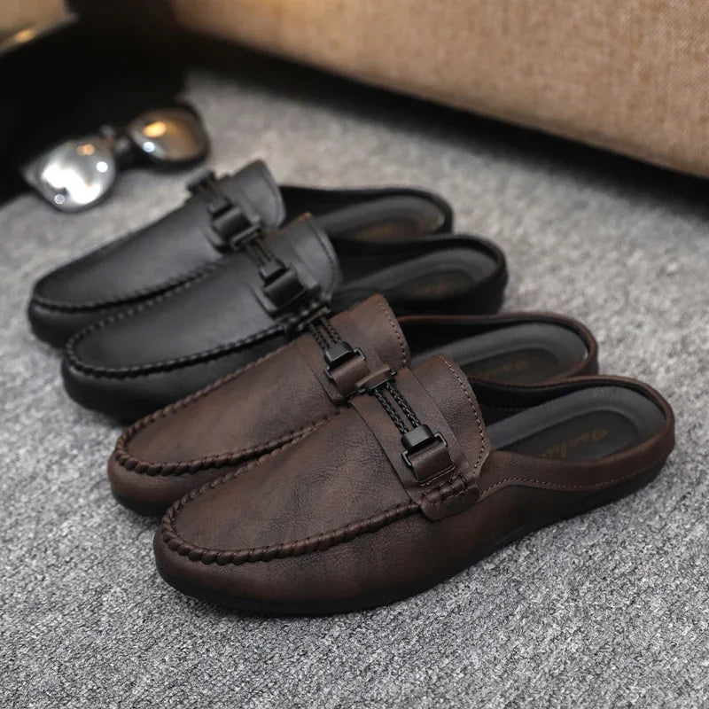 Summer Leather Men Half Slippers Breathable Mens Casual Shoes Slip-on Lazy Driving Shoes Comfortable Walking Loafers Moccasins luxecrown.co.uk
