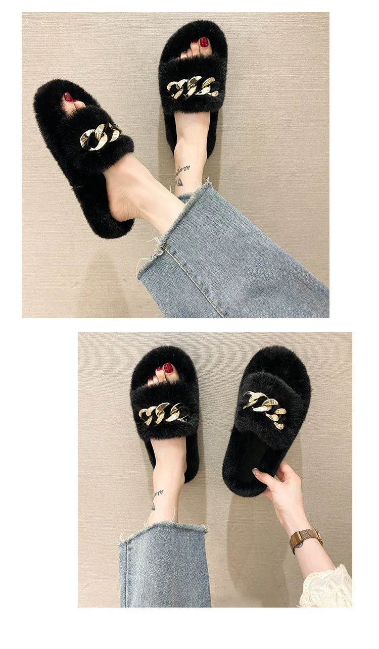 Fashion Faux Fox Fur Slippers Women Spring Autumn Fluffy Slides Ladies Peep Toe Fur Shoes Flat Large Size Furry Soft House Shoes luxecrown.co.uk