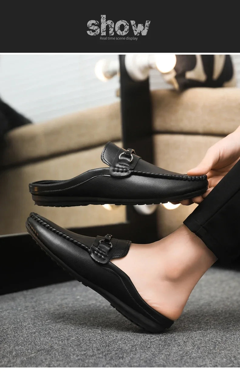 Summer Half Shoes For Men Comfortable Leather Casual Shoes Soft Flat Men's Loafers Lightweight Slip-on Shoes Man Daily Slippers luxecrown.co.uk