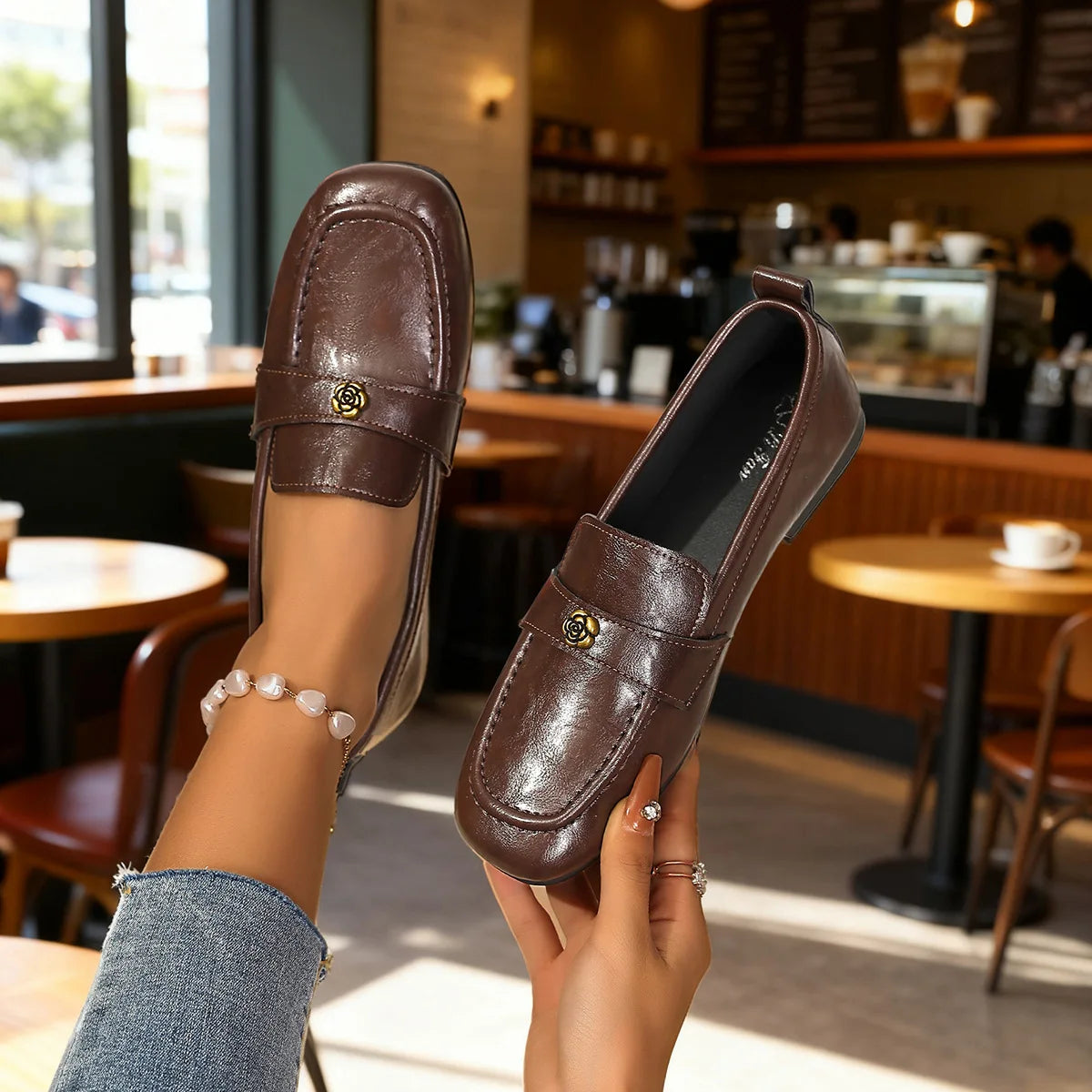 Women's Leather Flat Loafers with Gold-Tone Flower Accessory Round Apron Toe Low Block Heel Comfortable & Office Dress Shoes luxecrown.co.uk