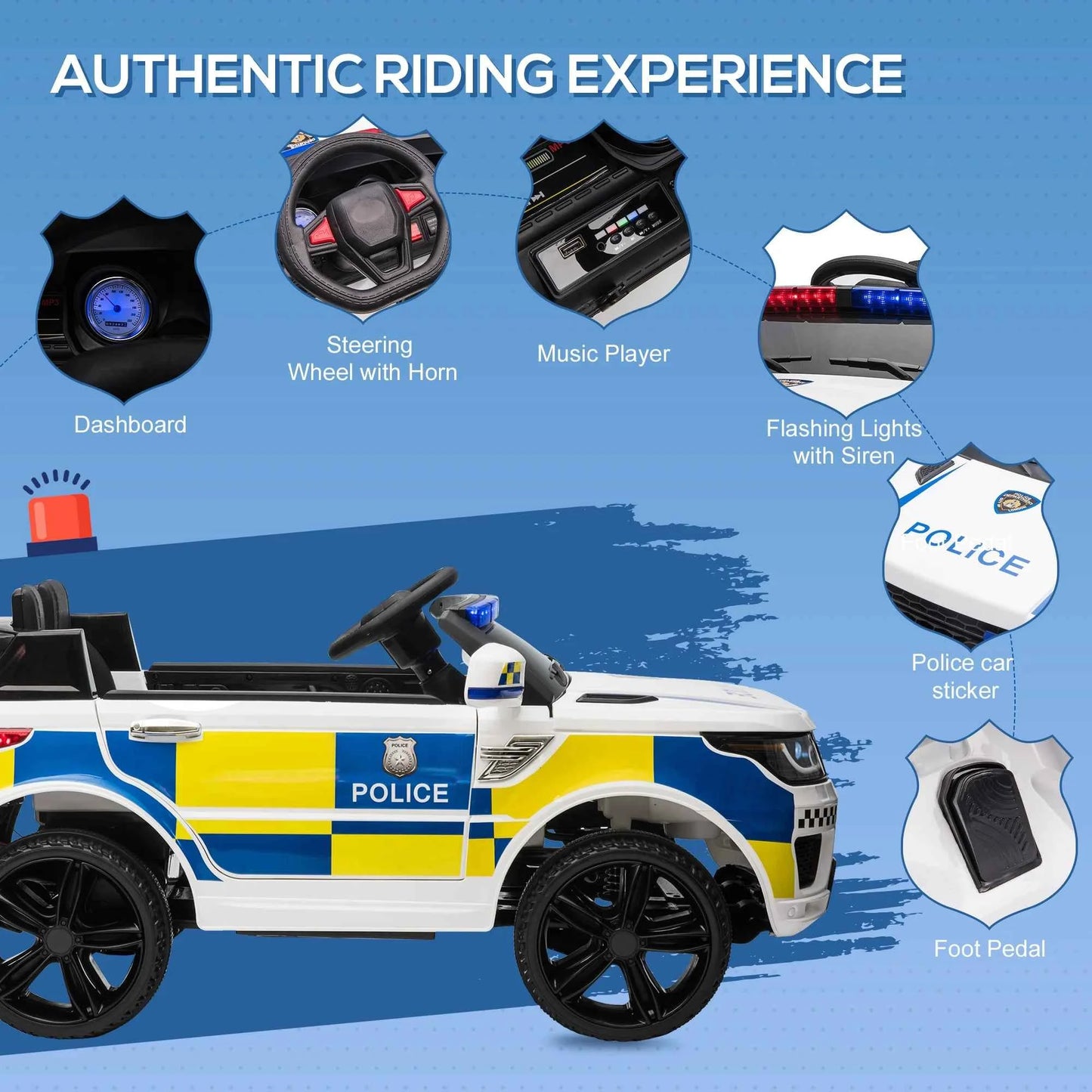 12V Kid Electric Ride On Police Car w/ Remote Siren Bluetooth 3-6 Years