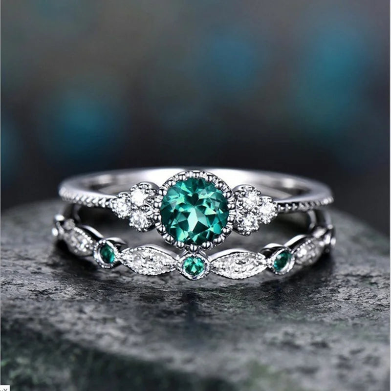 925 Sterling Silver Ring Set with Emerald Zircon Crystals for Women Engagement Wedding Glamour Jewelry Gifts Streetsharks
