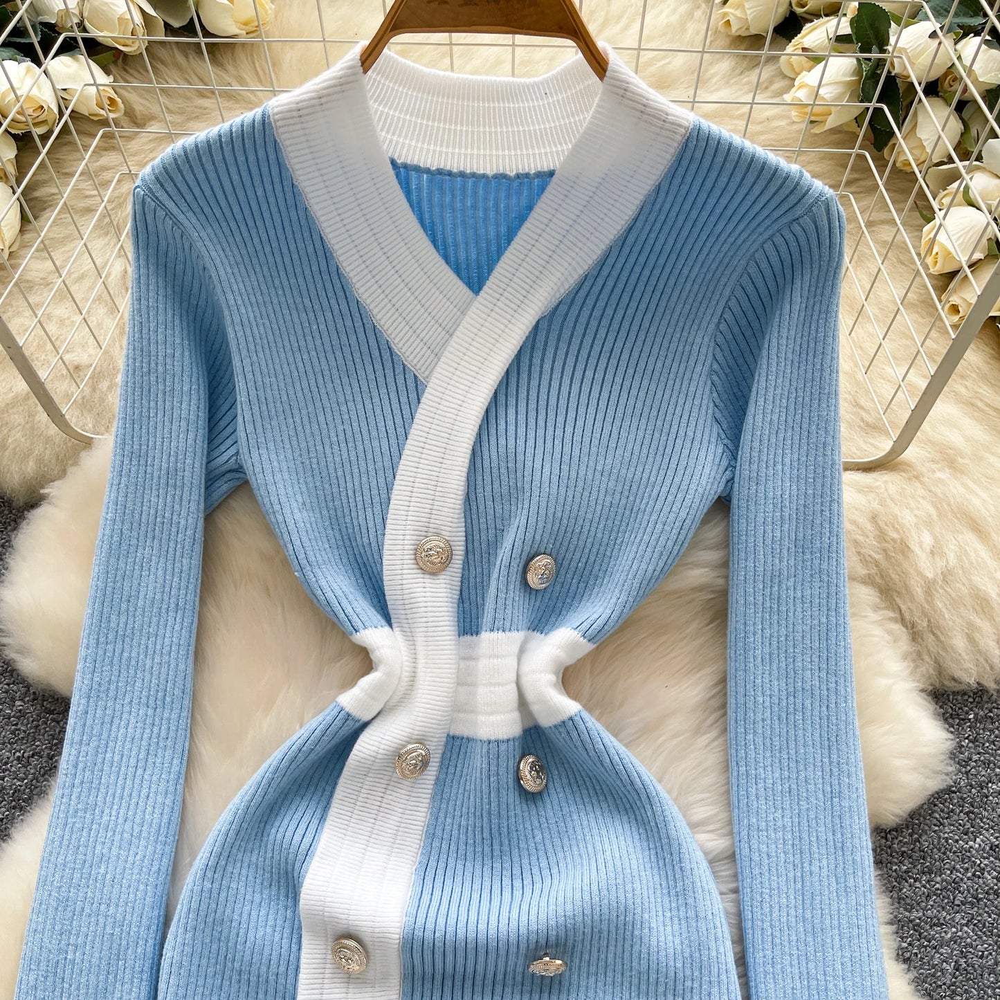 Women's French Style V Neck Long Sleeve Knitted Bodycon Dress Classic Soft Office Elegant Lady Autumn