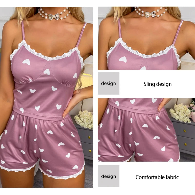 Women's Two-Piece V-Neck Suspender Lace Lace Printed Top and Shorts Women's Casual Printed Pajama Set