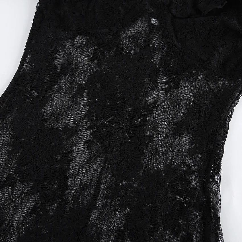 TARUXY Elegant Black Lace Sexy Dress Women's Summer New Perspective Hollow Out Slit V-Neck Straps Dress Female Party Club Dress