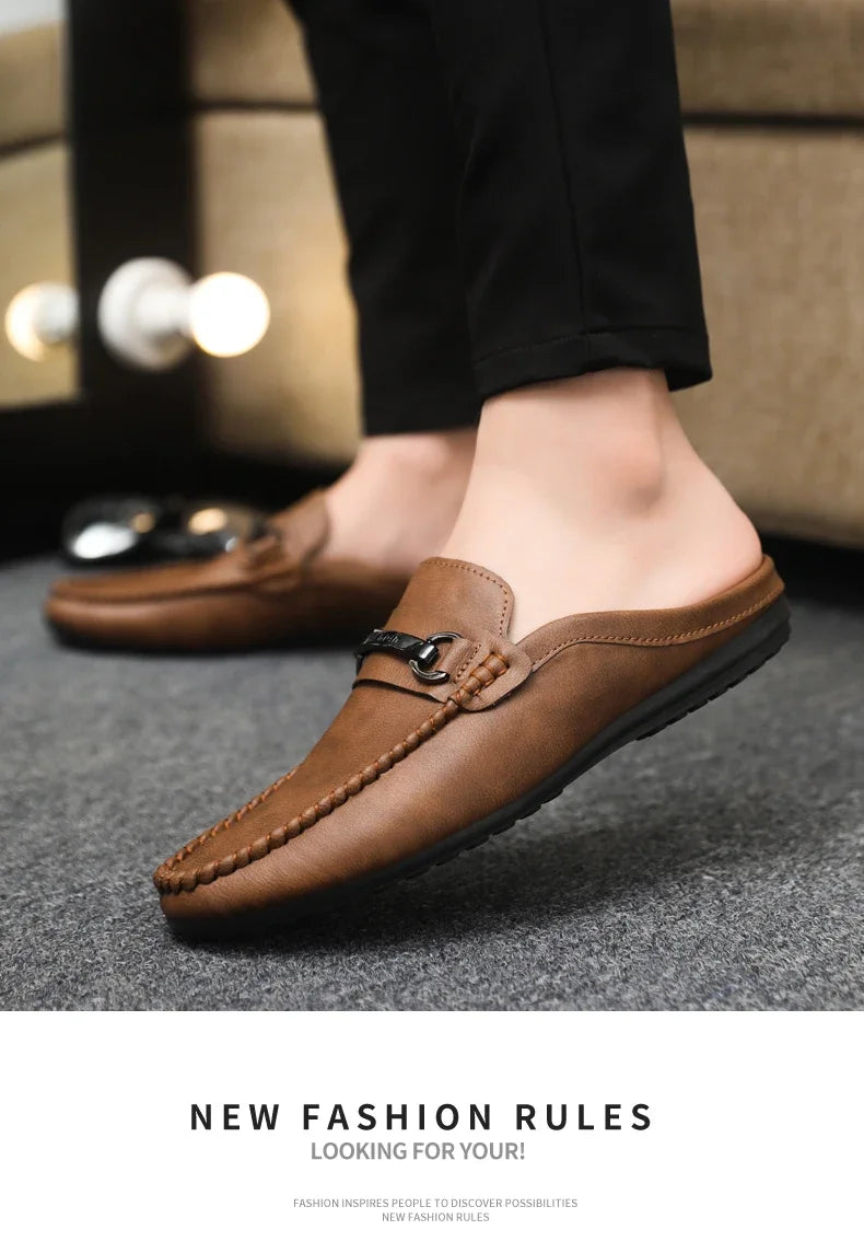 Summer Half Shoes For Men Comfortable Leather Casual Shoes Soft Flat Men's Loafers Lightweight Slip-on Shoes Man Daily Slippers luxecrown.co.uk