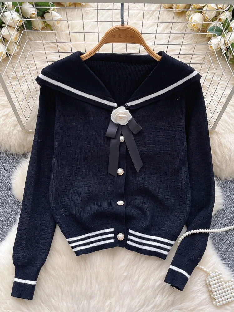 Women Autumn Winter Full Sleeve Sweater Korean Style Bow  Sailor Collar  Knitted Cardigan Fashion O-Neck Single-breasted Tops