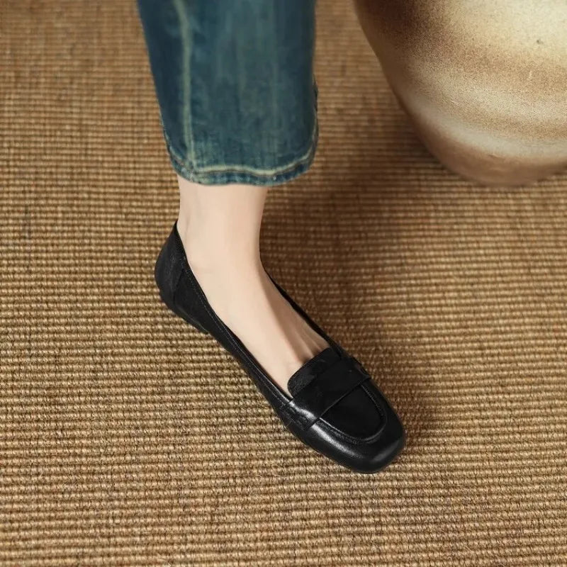 Woman Soft Leather Flat Bottom Single Shoes Women's Low Heel Flats Slip-On Casual Style Home Party Wear round Toe Bean Loafers luxecrown.co.uk