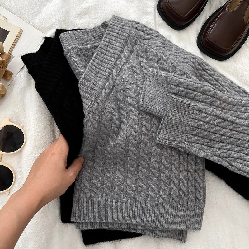 2026 New Autumn Winter Women V-neck Long Sleeve Knitted Sweaters Twist Striped Loose Solid Color Short Pullover Tops