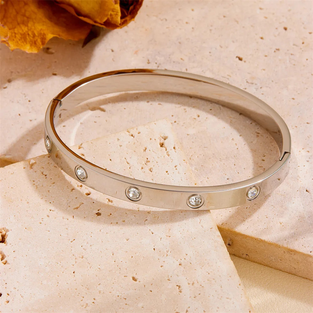 Luxury Stainless Steel Crystal Charm Bangle/Ring for Women Gold Color Non Tarnish Cuff Bracelet Jewelry Set Gift Party Streetsharks