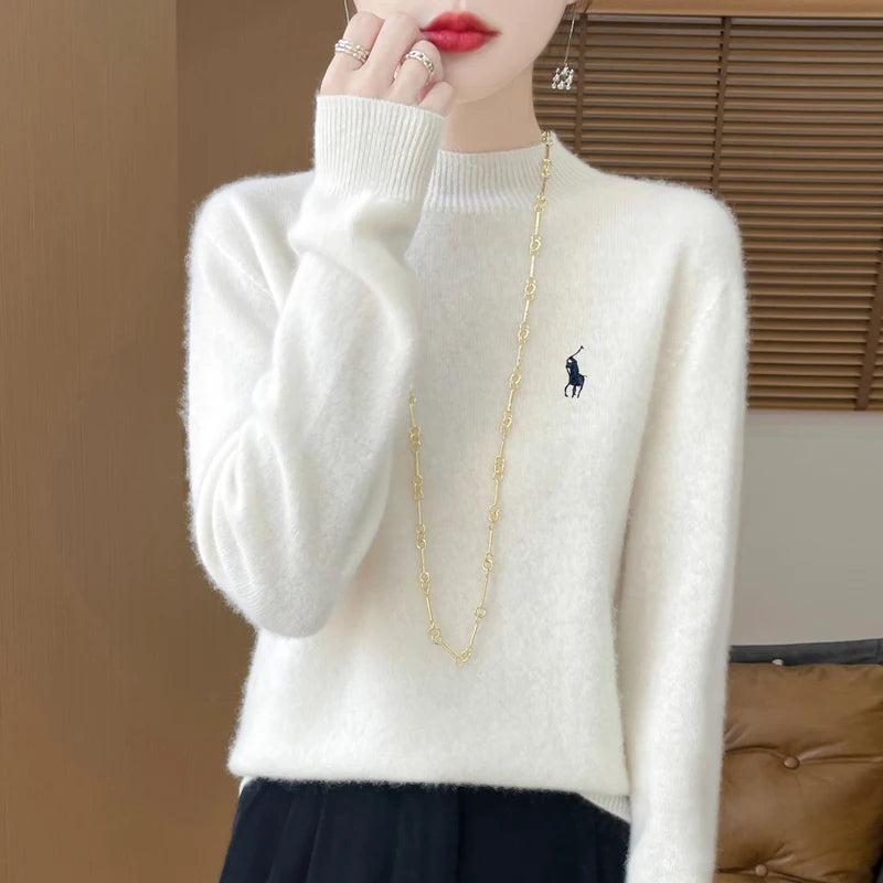 2024 Autumn/Winter Women's New Cashmere Hoodie Fashionable Embroidered Half High Neck Soft Cashmere Explosive100% Australianwool Streetsharks