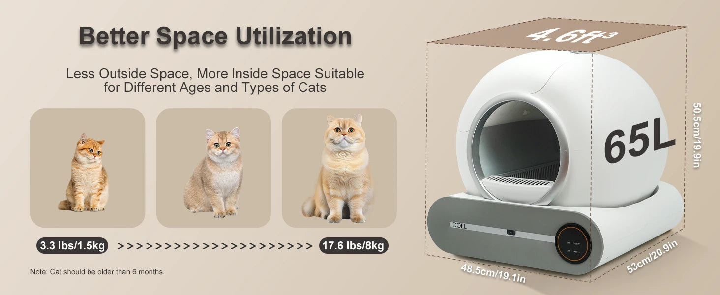 DOEL Self Cleaning Cat Litter Box 65L Automatic Cat Litter Box w/ Trash Bag & Litter Mat Smart Cat Toilet App Control 2.4G WiFi luxecrown.co.uk