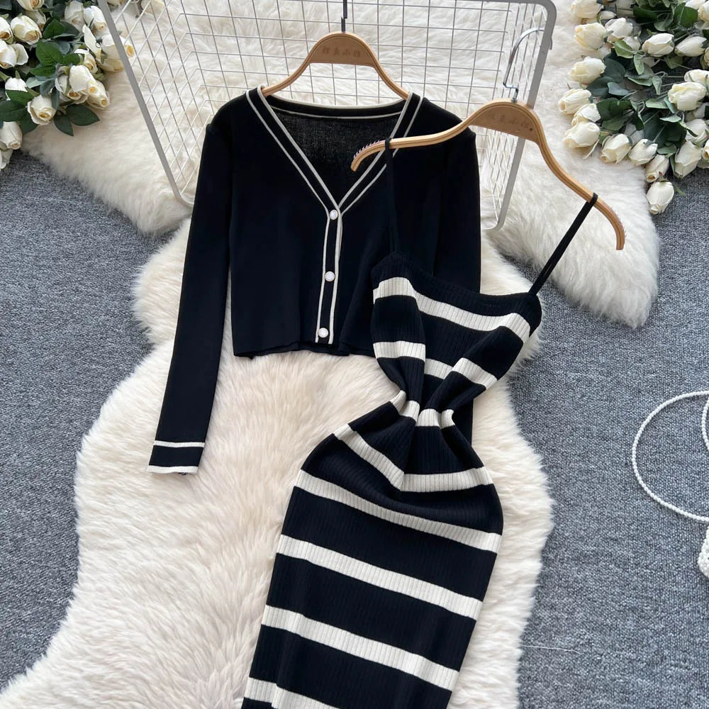 New Fashion Autumn Knitted Suits Long Sleeve V Neck Buttons Top+Stripe Strap Bodycon Dress Elegant OL Women Two Piece Sets