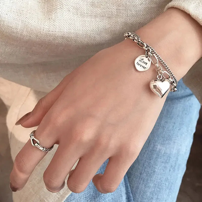 Elegant 925 Sterling Silver Love Letter Heart Double Layer Bracelet Female Unique Design Thai Silver Retro Light Luxury Jewelry Streetsharks