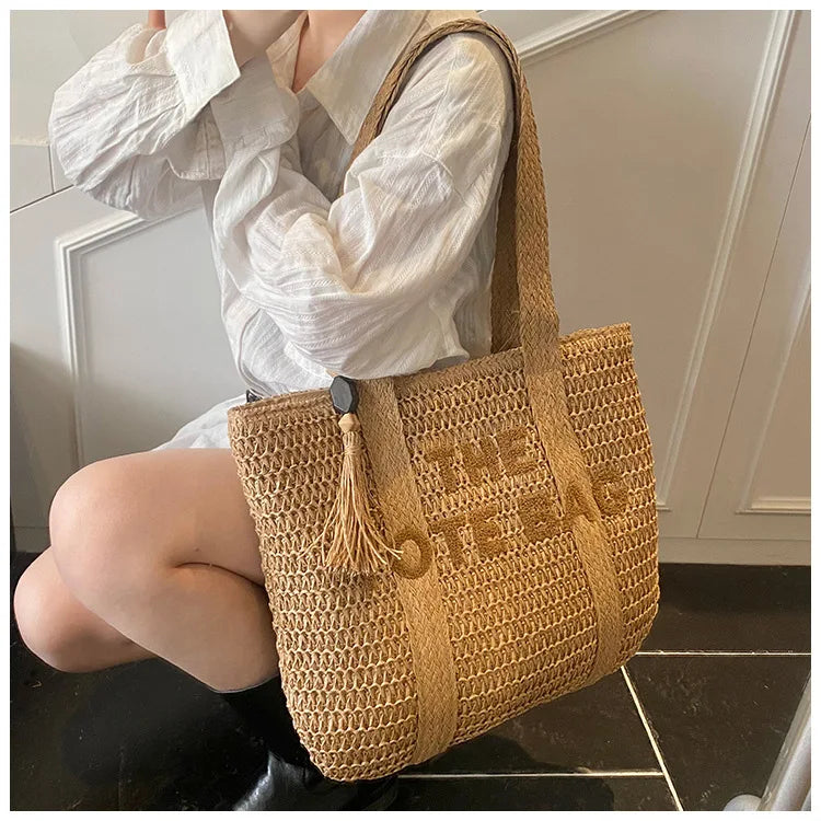 French Style Large Capacity Woven Straw Woven Bag for Women New Beach Vacation Shoulder Bag Casual Commuting Tote Bag Purse luxecrown.co.uk
