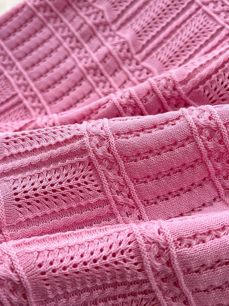 Women's Pink Square Neck Sleeveless Hollow Out Crochet Knit Midi Dress Bodycon Long Dress Summer Beach Vacation Party Dress