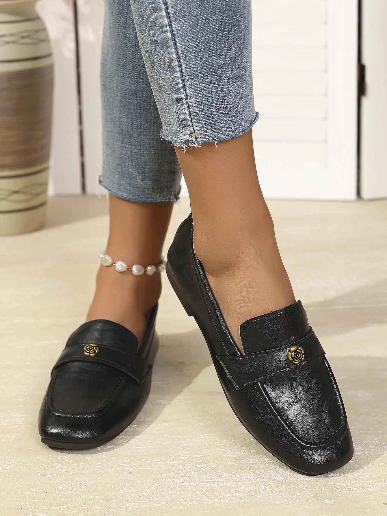 Women's Leather Flat Loafers with Gold-Tone Flower Accessory Round Apron Toe Low Block Heel Comfortable & Office Dress Shoes luxecrown.co.uk