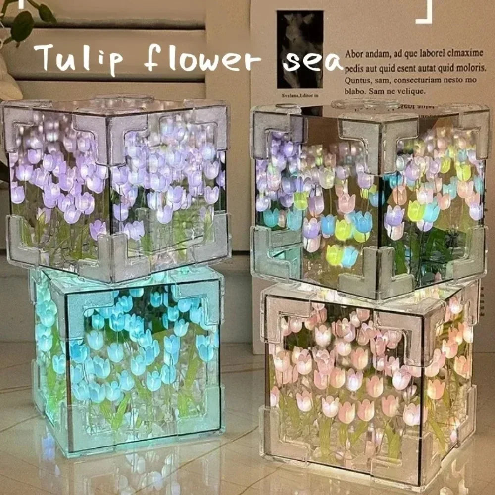 NEW Creative Diy Tulip Flower Sea Cube Three-Dimensional Small Night Lamp Material Package for Girlfriend Couple Girlfriend Gift Streetsharks