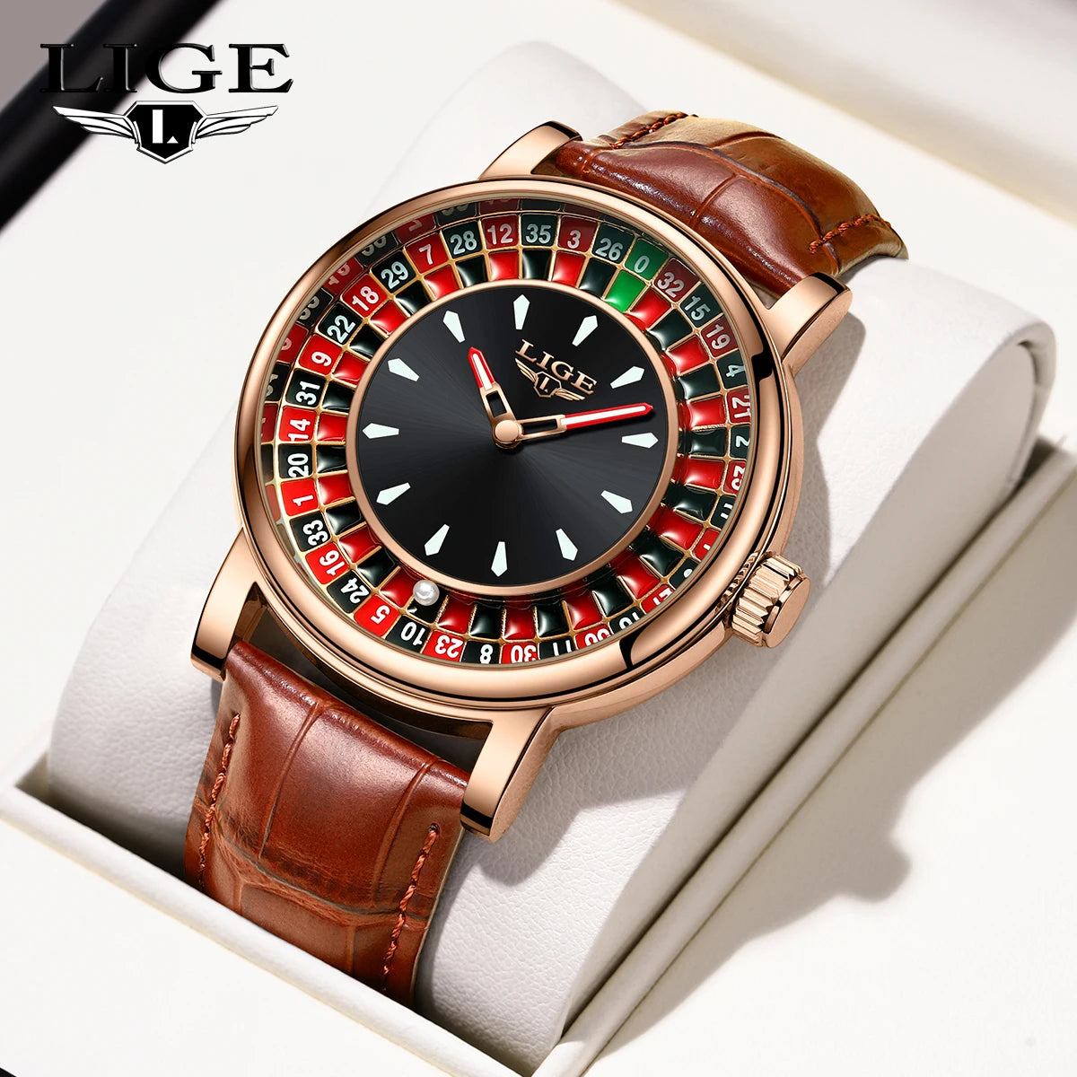 LIGE Fashion Brown Leather Men Watch Rotating Dial Las Vegas Roulette Desktop Theme Watch Men Waterproof Luminous Clock Watches