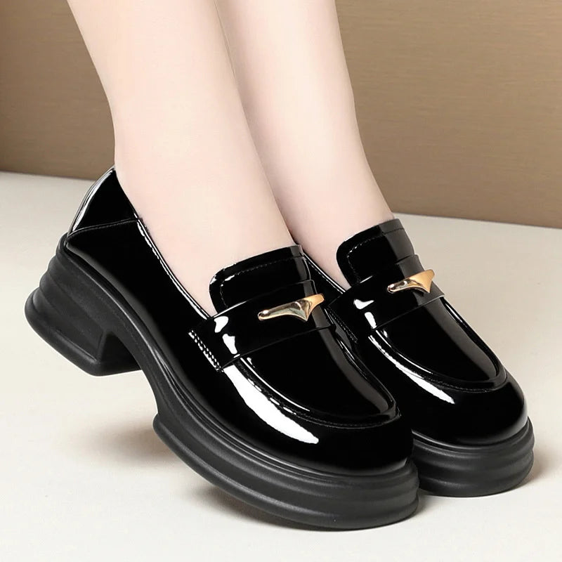 Thick-Soled Loafers Women's Spring And Autumn New British Style Retro Sponge Cake Leather Shoes Thick Heel Black Single Shoes luxecrown.co.uk