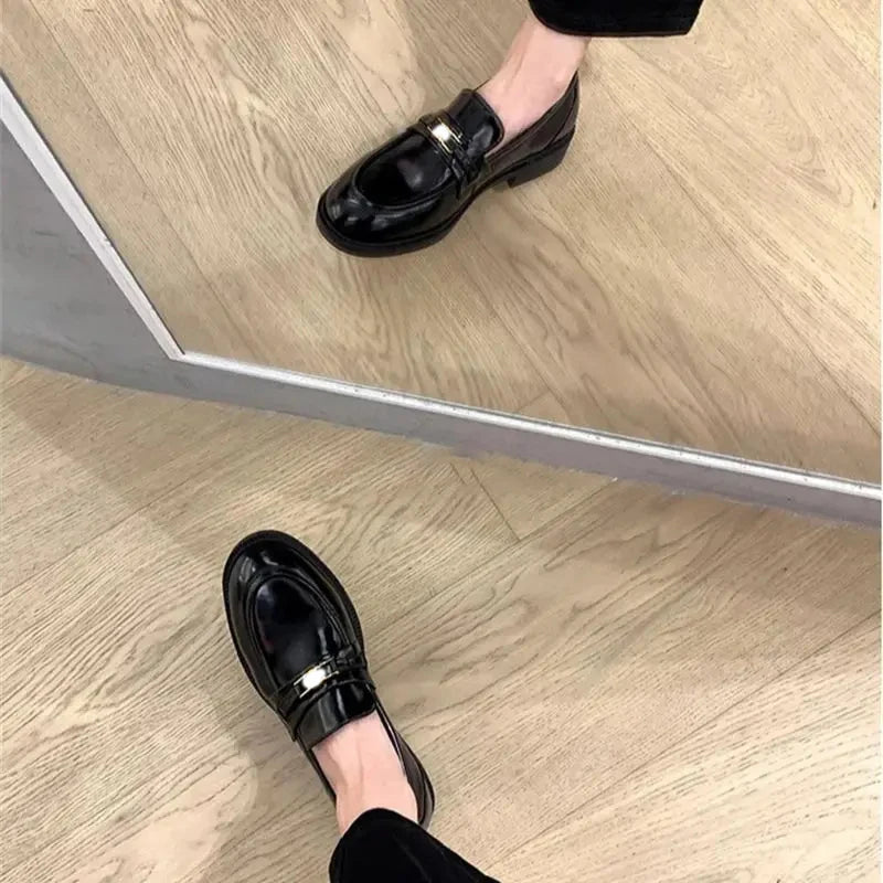 Spring New Women's Genuine Leather Shoes British Style Black Casual Shoes Banquet Office Wear Stylish Metal Design Loafers luxecrown.co.uk
