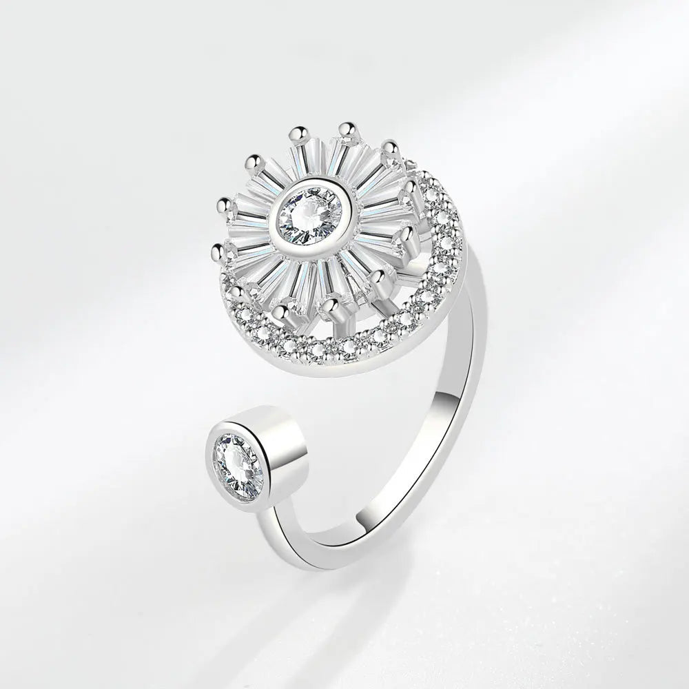 VENTFILLE 925 Sterling Silver Sunflower Diamond Zircon Rotatable Ring For Women Gift Relieve Stress Ring Jewelry Wholesale Streetsharks