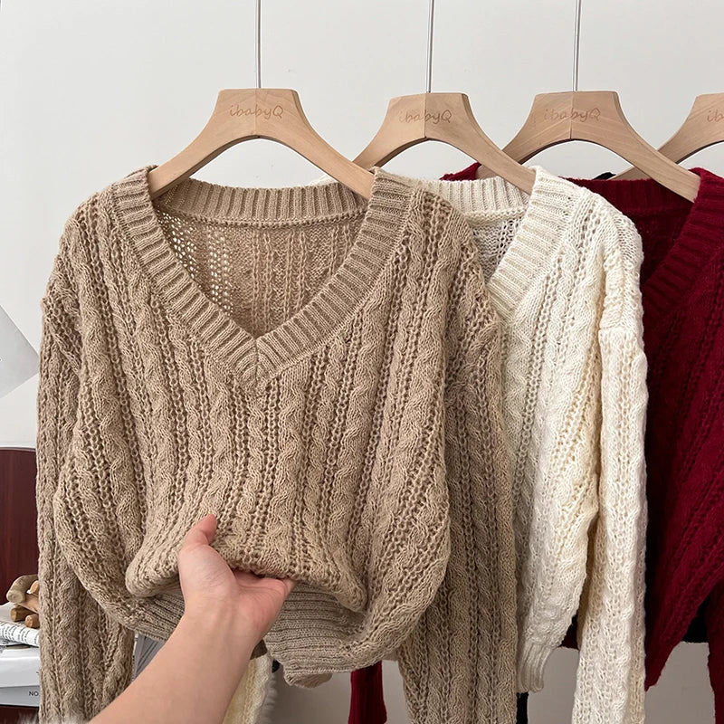 2026 New Autumn Winter Loose Casual Knitwear V-neck Long Sleeve Knitted Sweaters Twist Hollow Out Crochet Short Pullover Tops