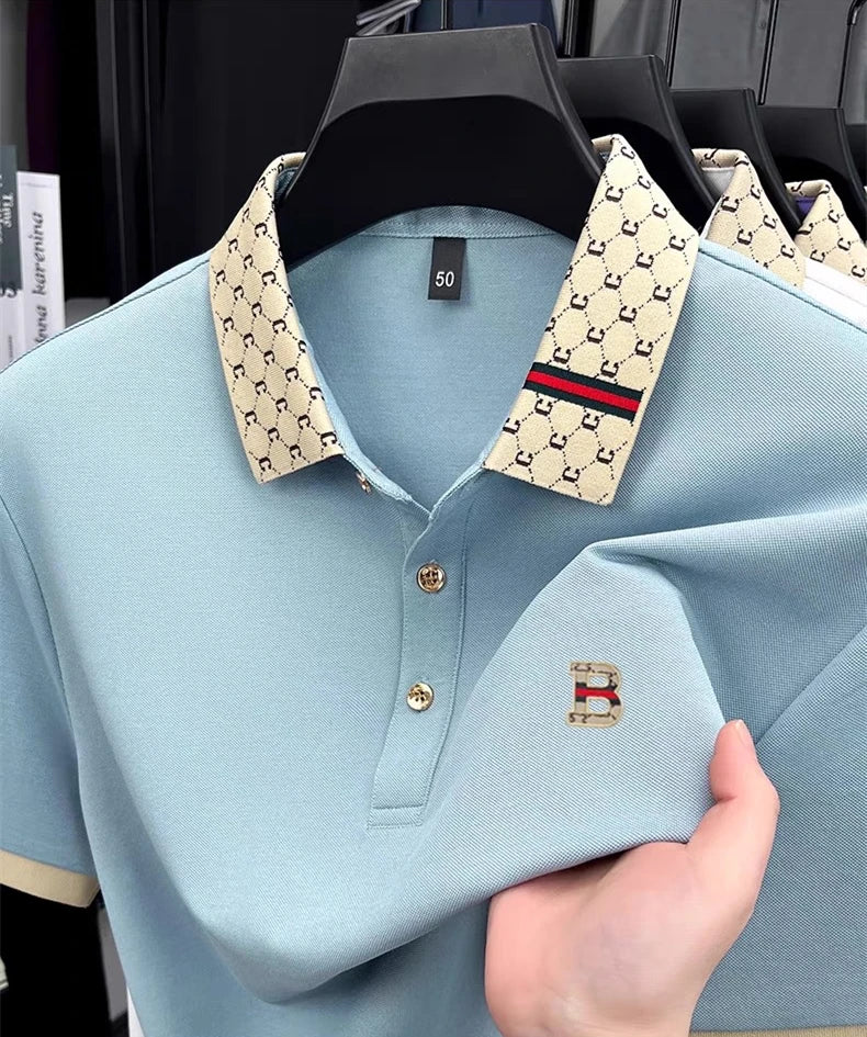 Luxury brand B letter embossed short sleeve polo shirt men summer lightweight breathable new fashion color blocked lapel T-shirt luxecrown.co.uk