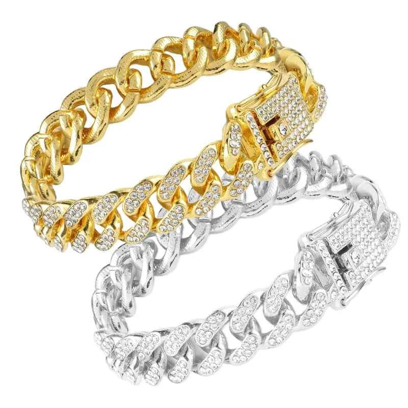 Fashion Jewelry Accessories Gold Cuban Chain Cat Collar Luxury Crystal Rhinestone Pet Kitten Necklace for Cats luxecrown.co.uk